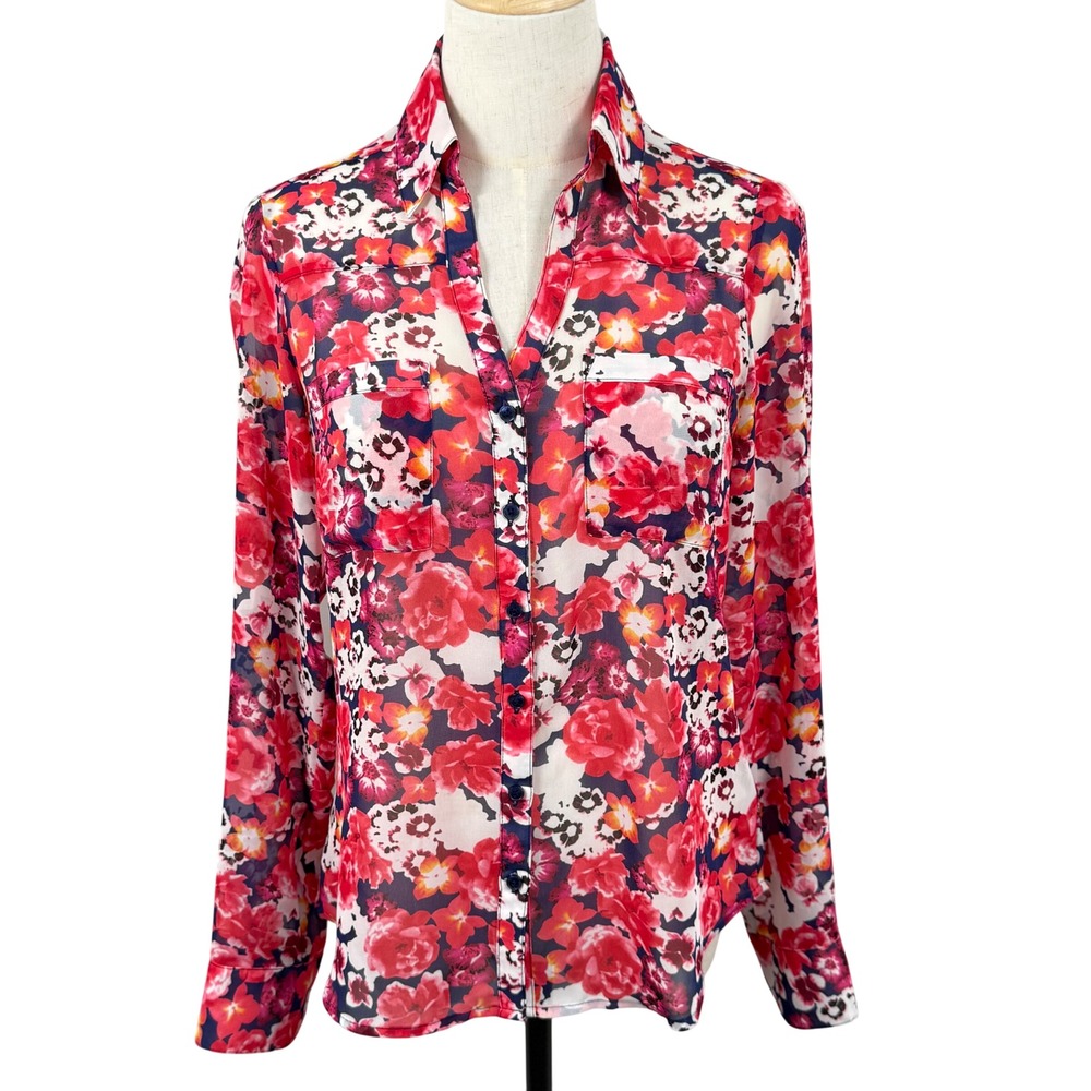 EUC Y2K Express Portofino XS Sheer Dark Floral Button Down Blouse RollTab Sleeve